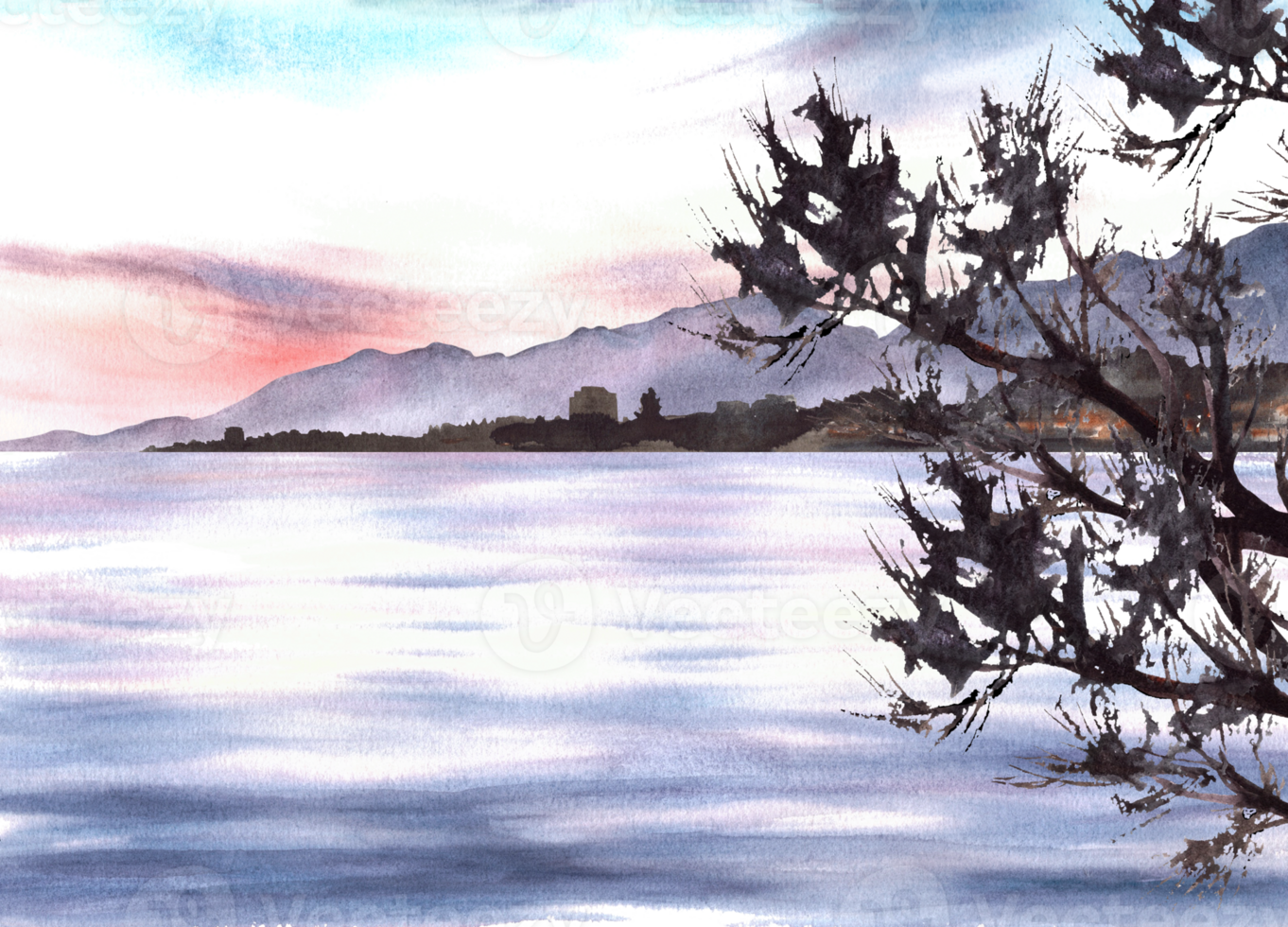 Adriatic watercolor sunset landscape with silhouette of mountains, far old sea port with boats and tree branch. Hand drawn  illustration for your maritime banner, flyer, brochure, postcard. png