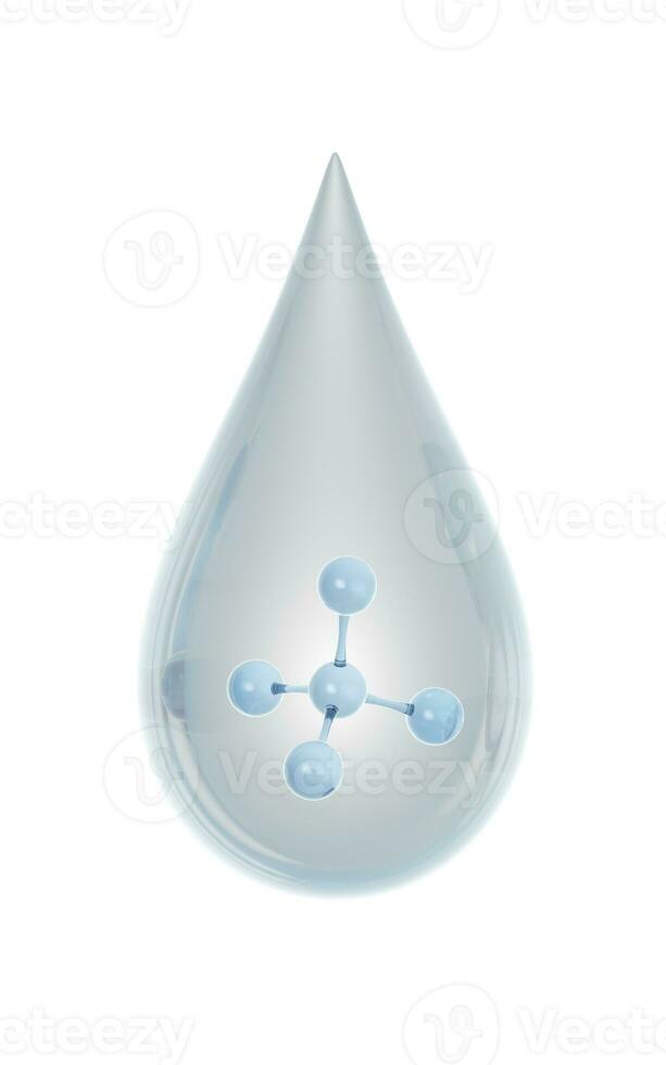 Transparent water drop with molecule inside, 3d rendering. photo