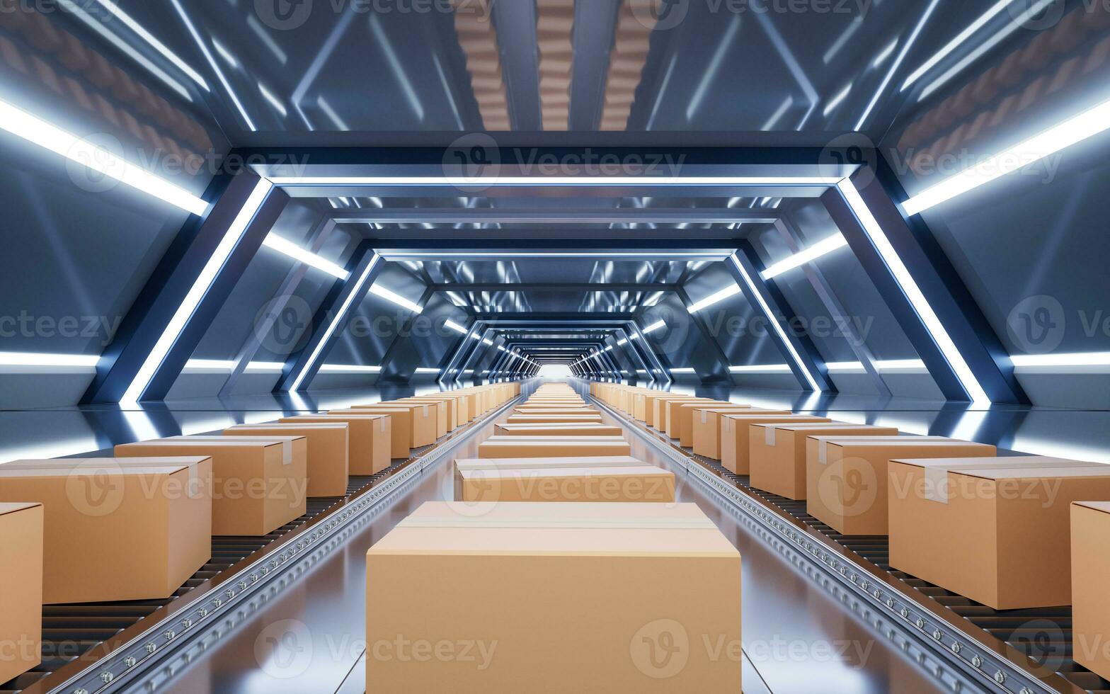 Packaging box and conveyor belt, 3d rendering. photo