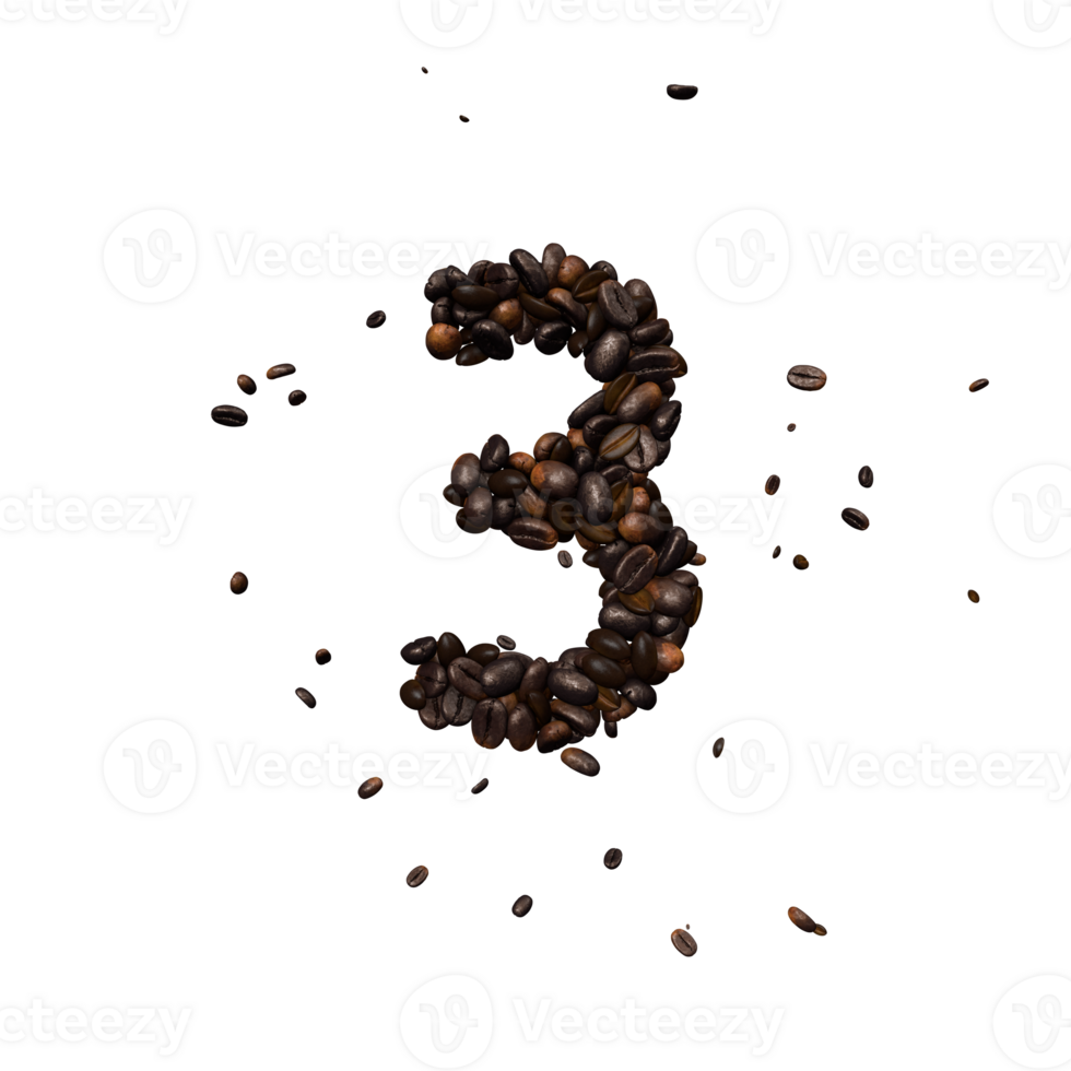 Coffee text typeface out of coffee beans with alpha the number 3 png