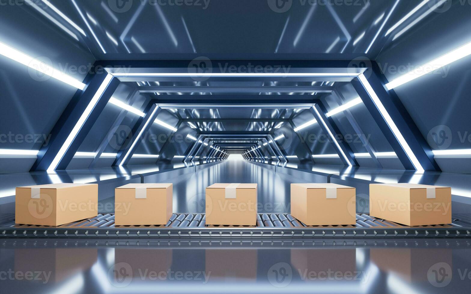Packaging box and conveyor belt, 3d rendering. photo