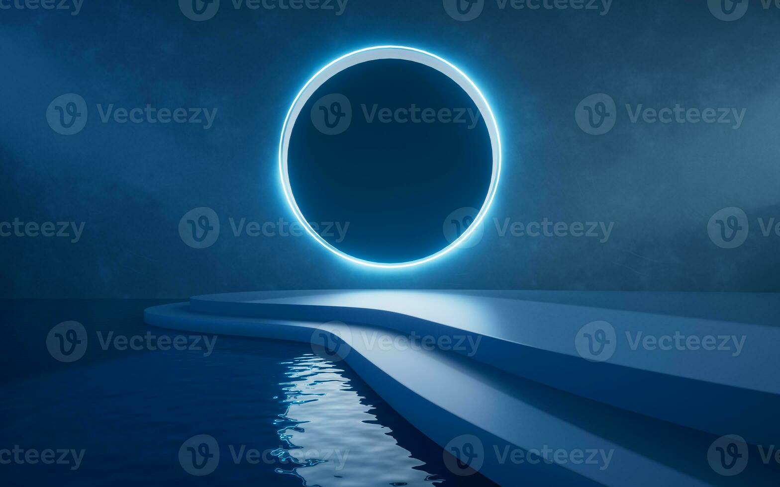 Glowing neon lines with water surface, 3d rendering. photo