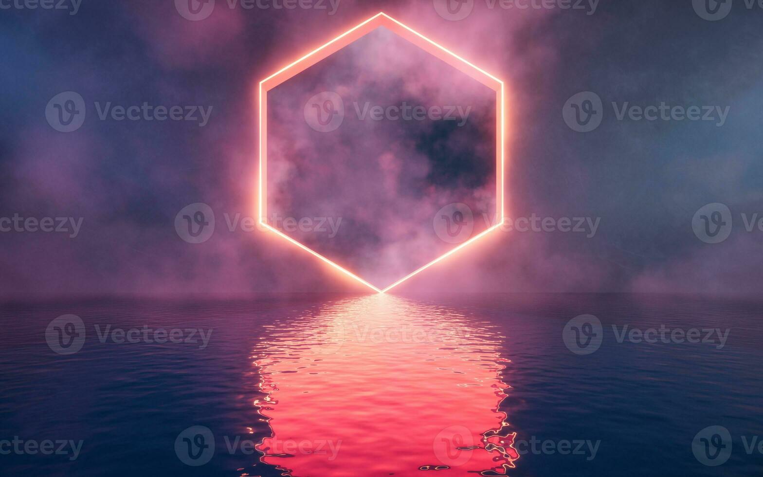 Glowing neon lines with water surface, 3d rendering. photo