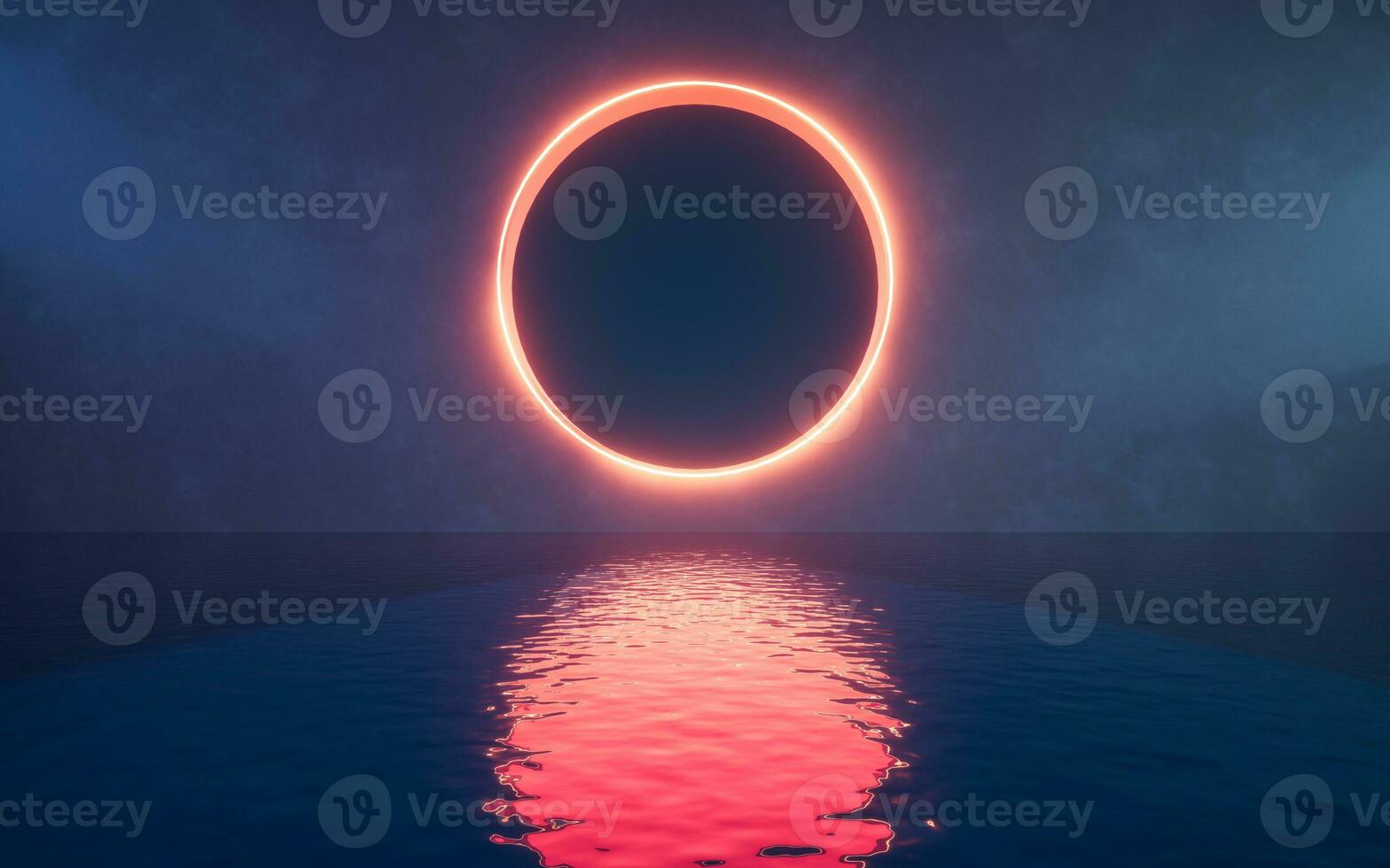 Glowing neon lines with water surface, 3d rendering. photo