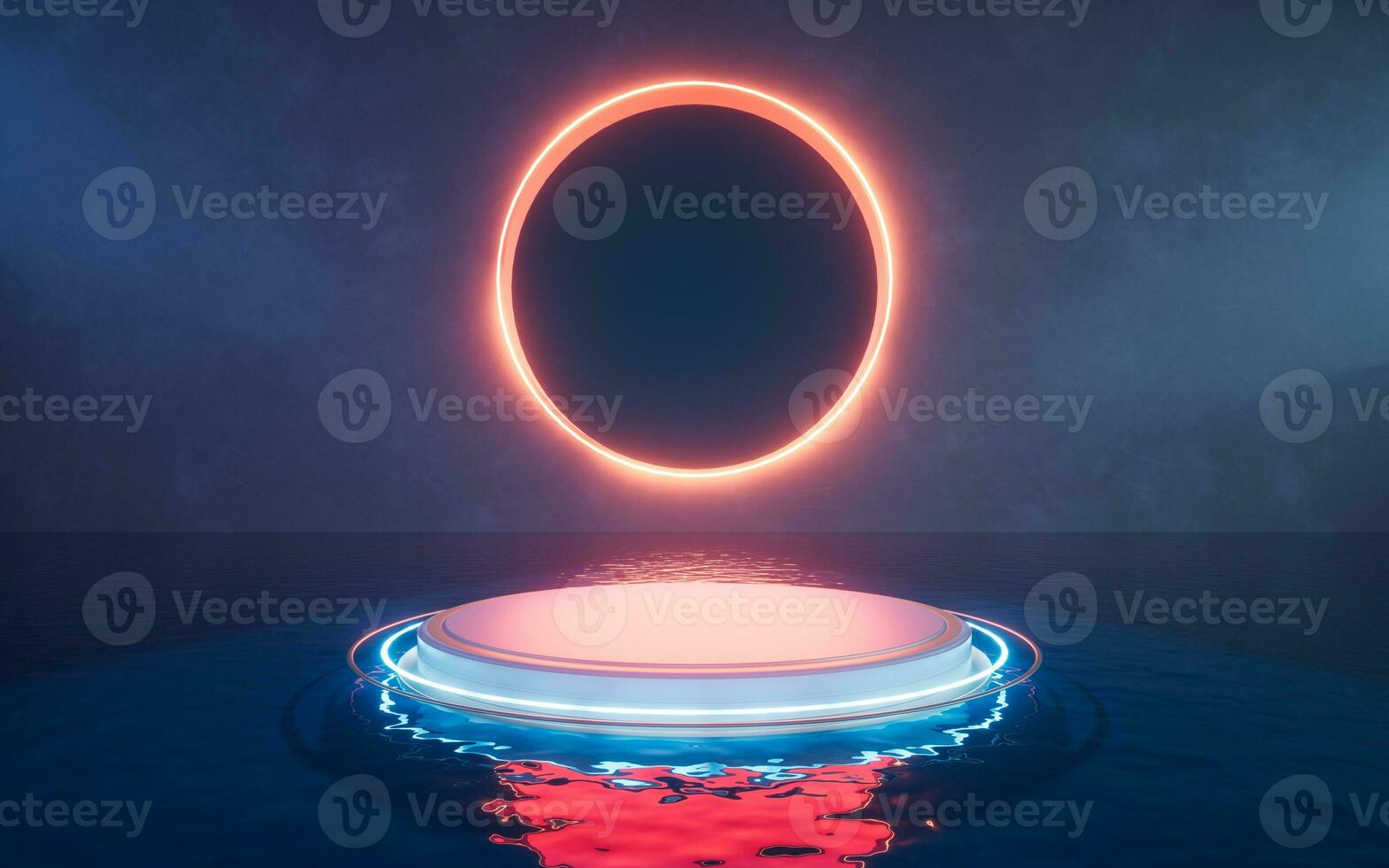 Glowing neon lines with water surface, 3d rendering. photo
