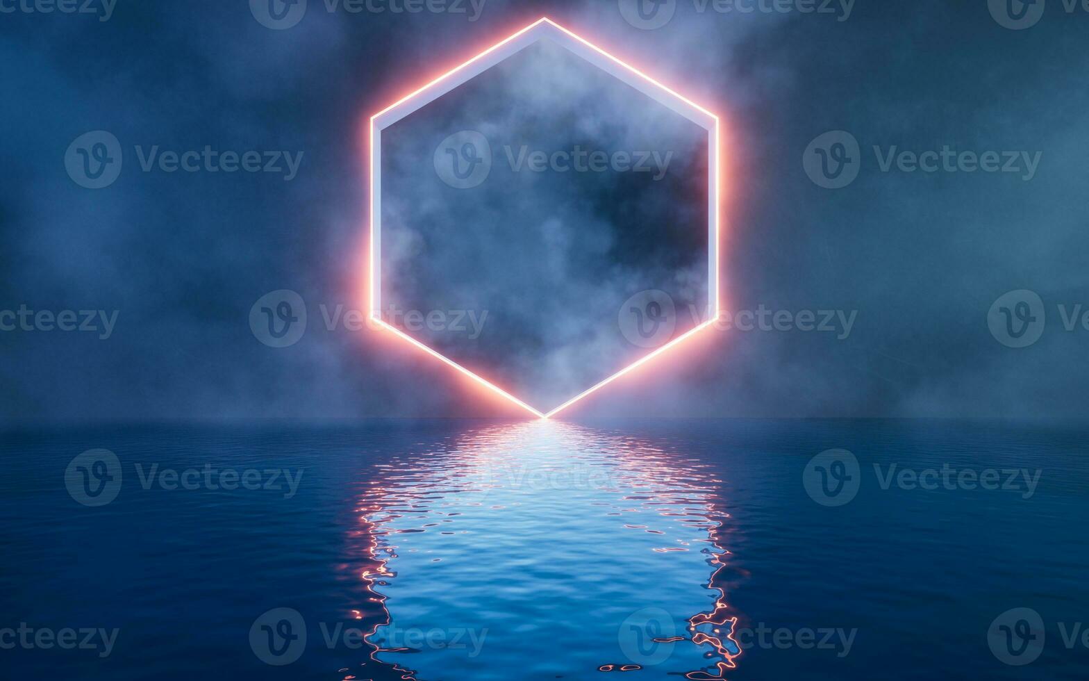Glowing neon lines with water surface, 3d rendering. photo