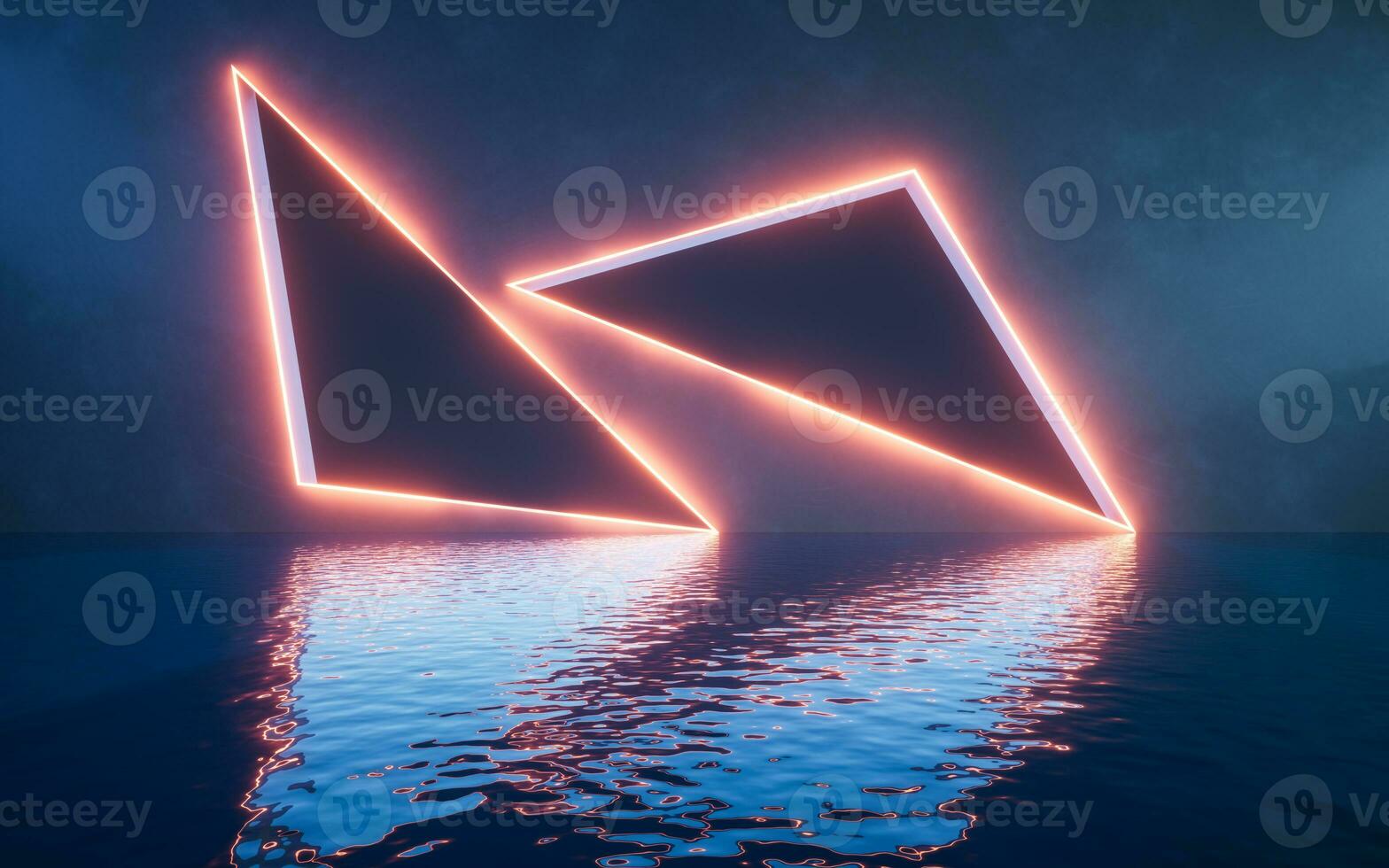 Glowing neon lines with water surface, 3d rendering. photo