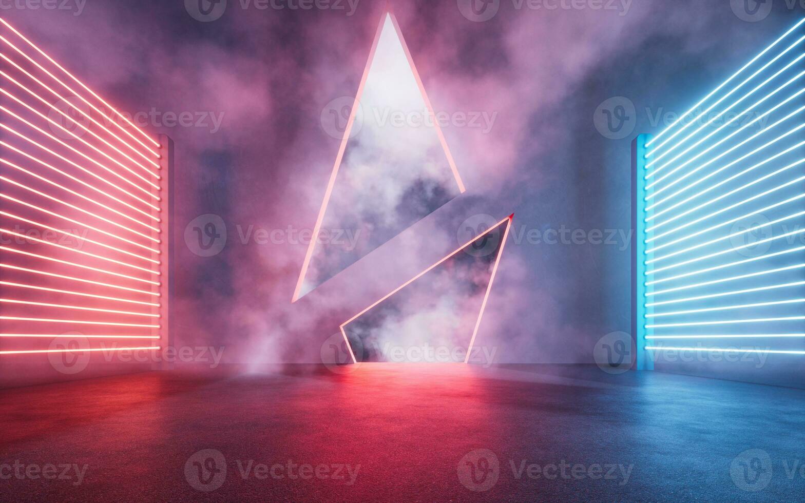 Dark room with glowing neon lights, 3d rendering. photo