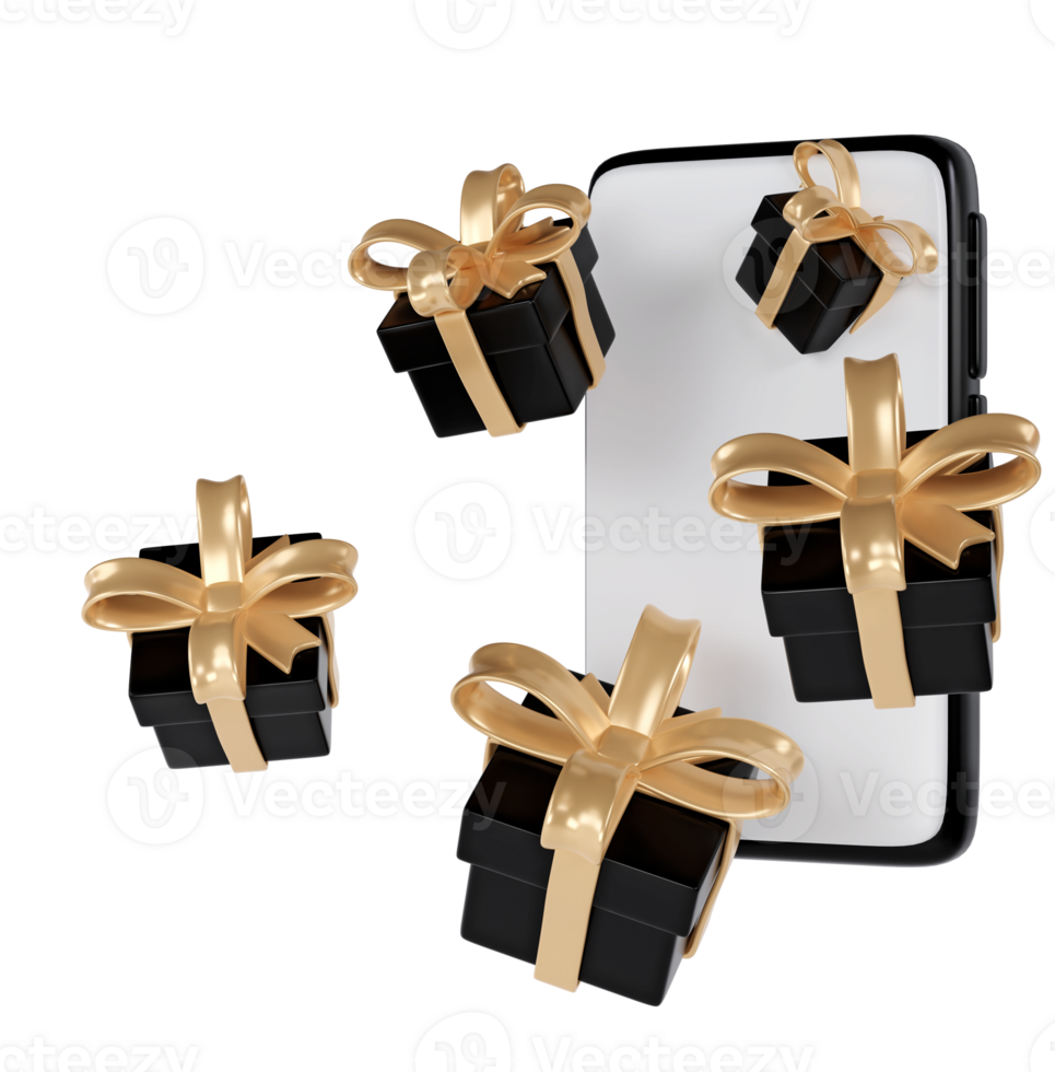 3d black Friday gift boxes icon with golden ribbon bow from smartphone. Render Shop Sale modern holiday. Realistic icon for present shopping banner or poster png