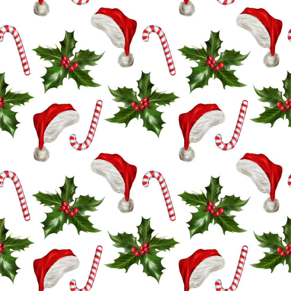 Santa hat, holly, candy cane. Christmas seamless pattern. Design element for greeting cards, invitations, covers, textiles, wrapping paper. png