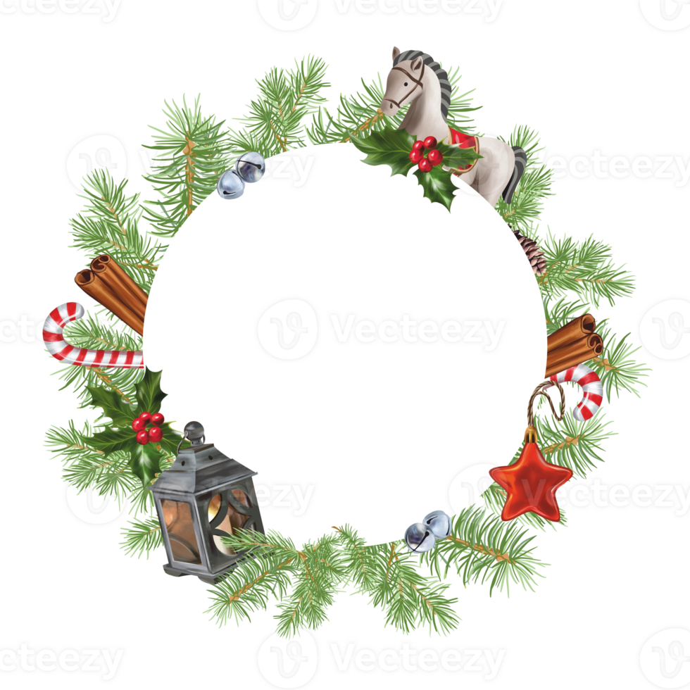 Fir branches, rocking horse, lantern, star, holly, candy cane. Christmas wreath. Design element for greeting cards, invitations, flyers. png