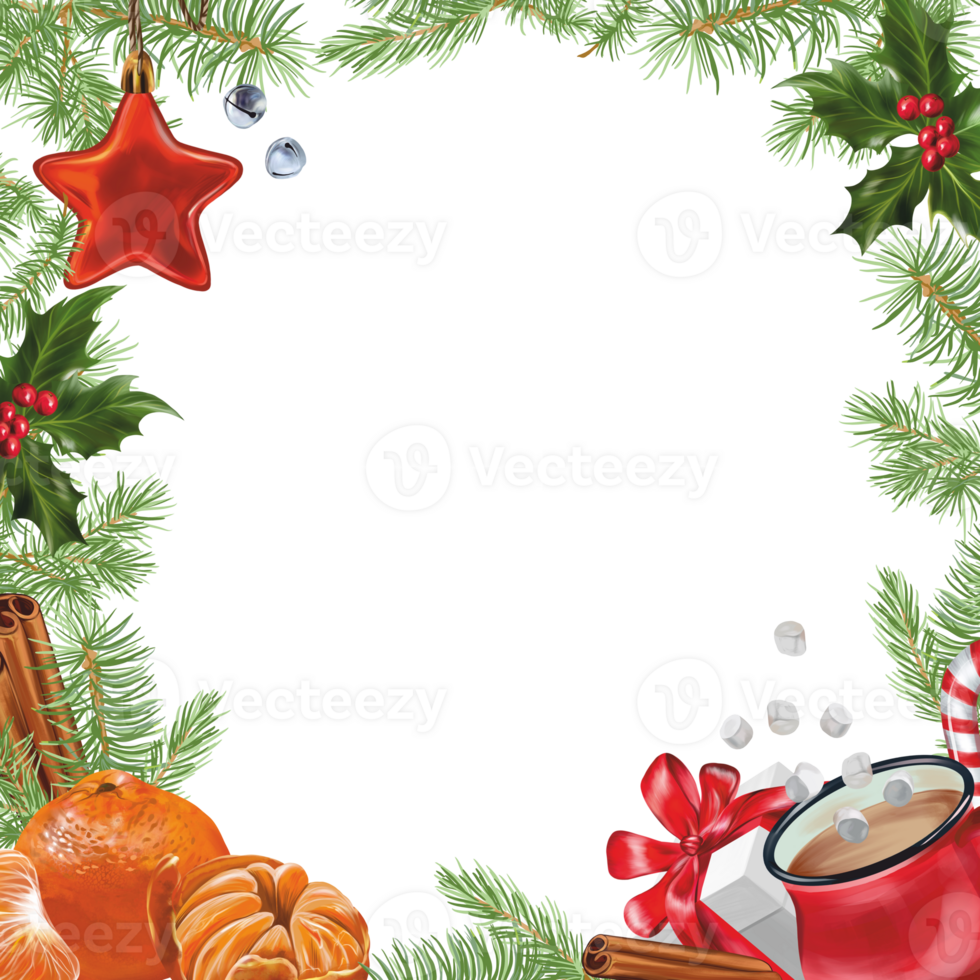 Square frame with tangerines, fir branches, holly, star, mug, gift. Christmas illustration. Design element for greeting cards, invitations, flyers, covers. png