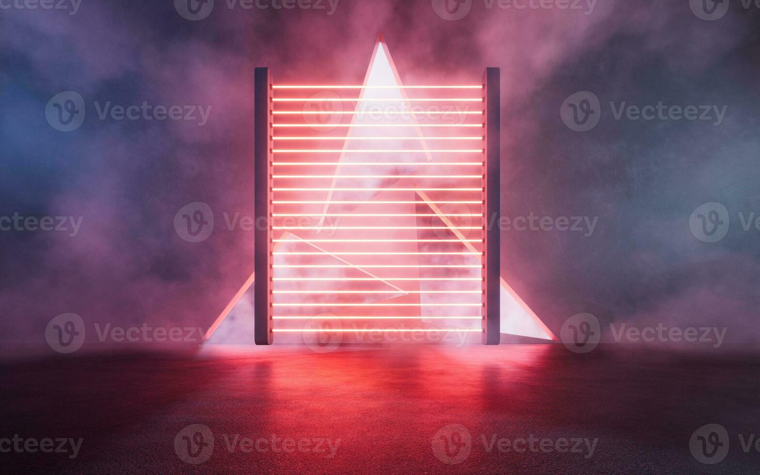 Dark room with glowing neon lights, 3d rendering. photo
