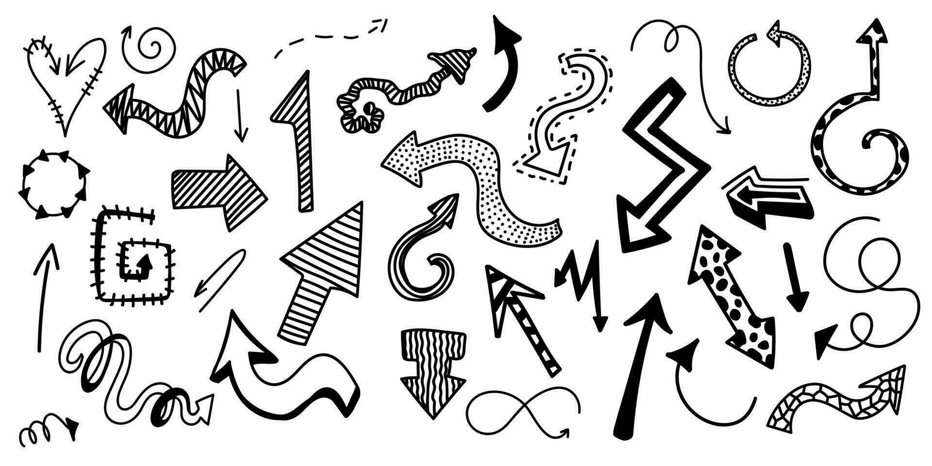 Charcoal arrows vector icons set. Hand drawn freehand different curved lines, swirls arrows. Doodle arrow illustration. Vector.