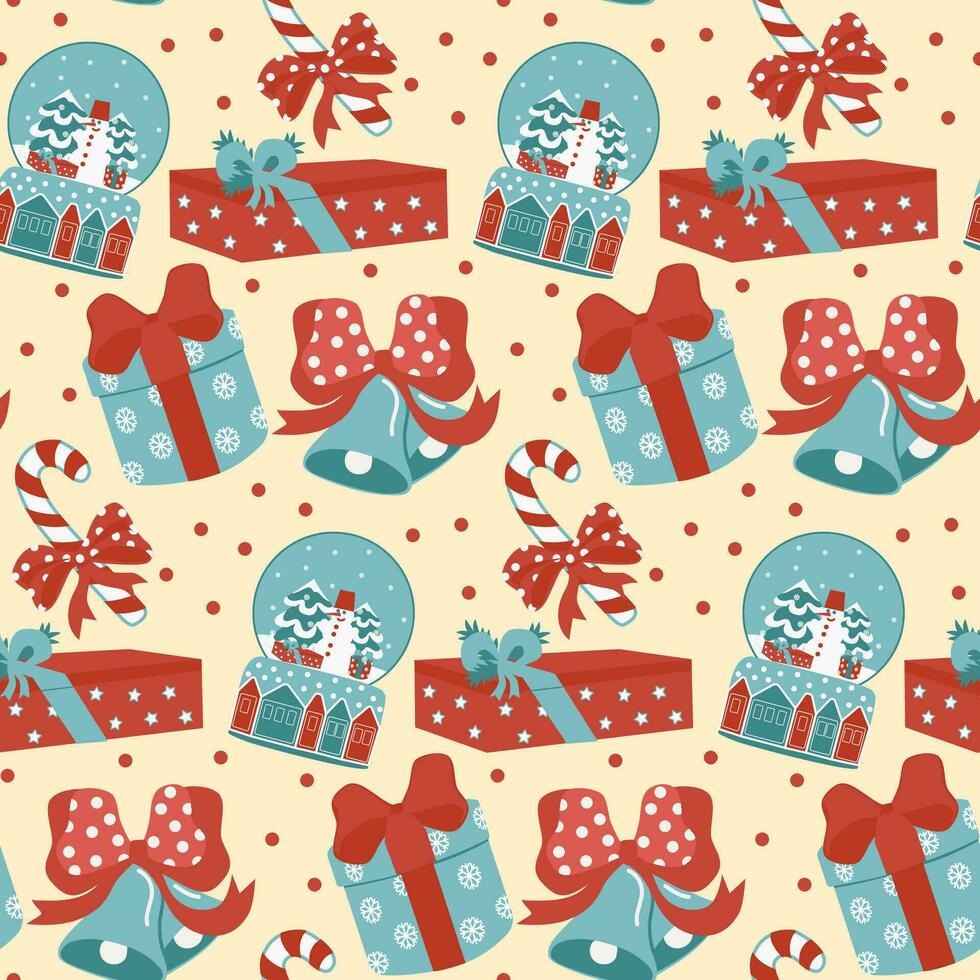 Navidad sin costura modelo. regalos, un nieve globo, un campana y dulces vector, plano estilo. Perfecto para textil, fondo de pantalla o impresión diseño. vector