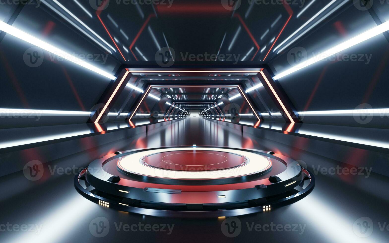 Empty stage in the dark technology tunnel, 3d rendering. photo
