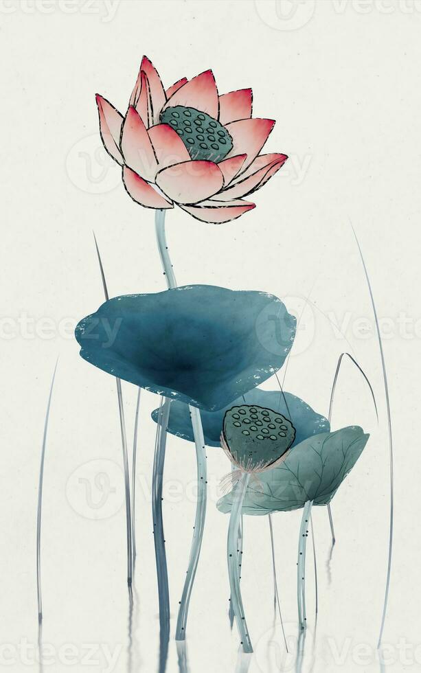 Chinese retro painting style lotus illustration. photo