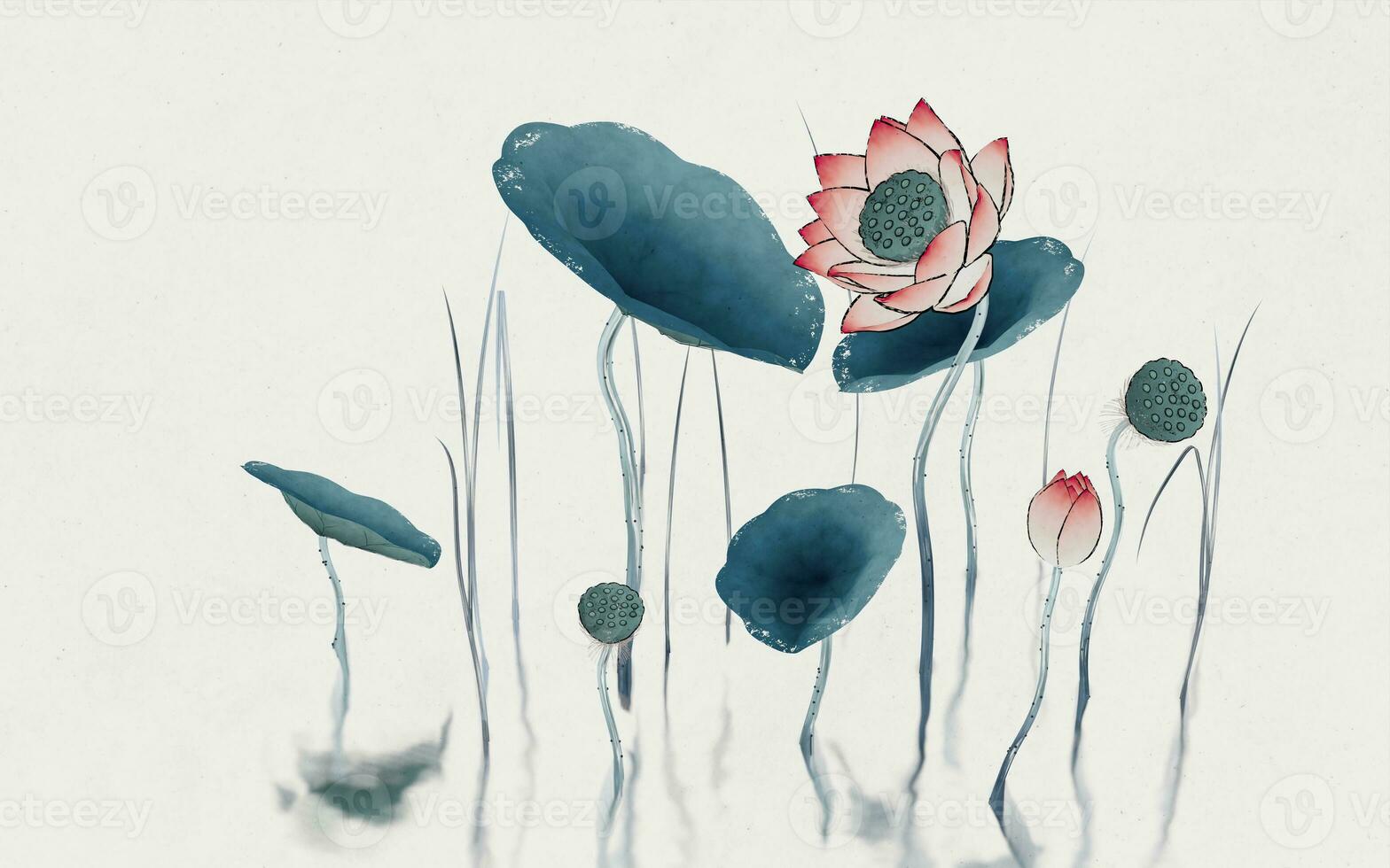 Chinese retro painting style lotus illustration. photo