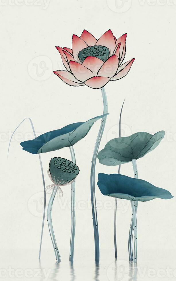 Chinese retro painting style lotus illustration. photo