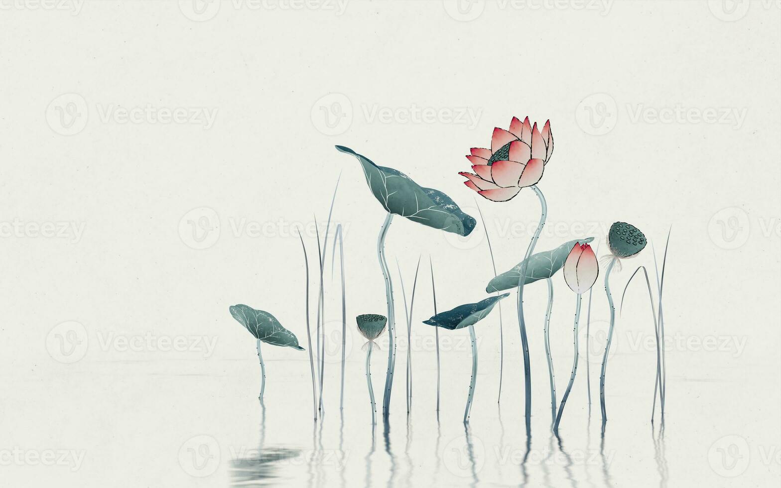 Chinese retro painting style lotus illustration. photo