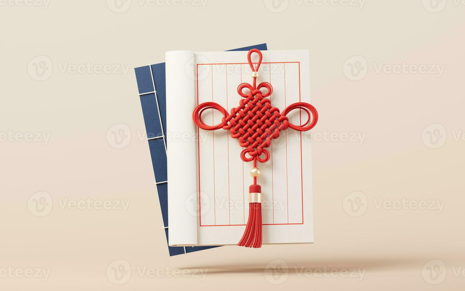 Ancient Chinese book and Chinese knot handicraft, 3d rendering. photo