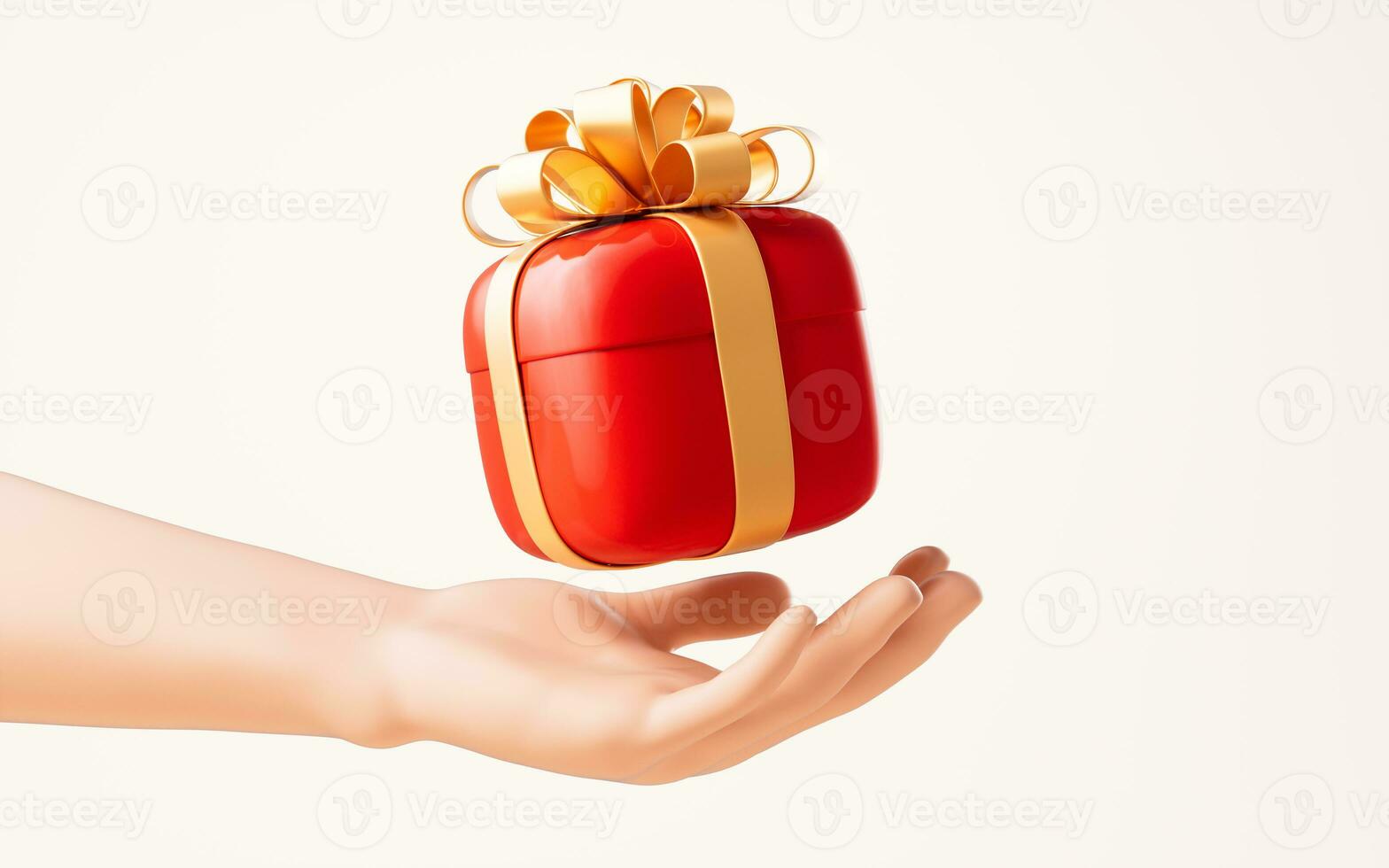 Cartoon gift box in a hand, 3d rendering. photo