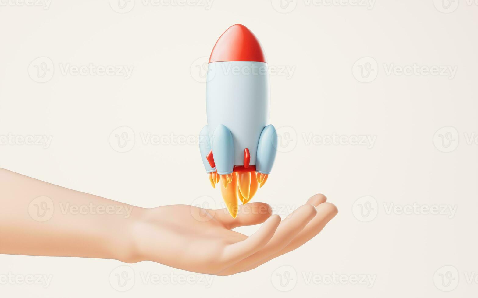 Cartoon rocket in a hand, 3d rendering. photo