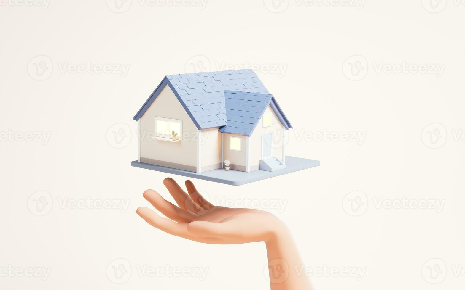 A cartoon house in a hand, 3d rendering. photo