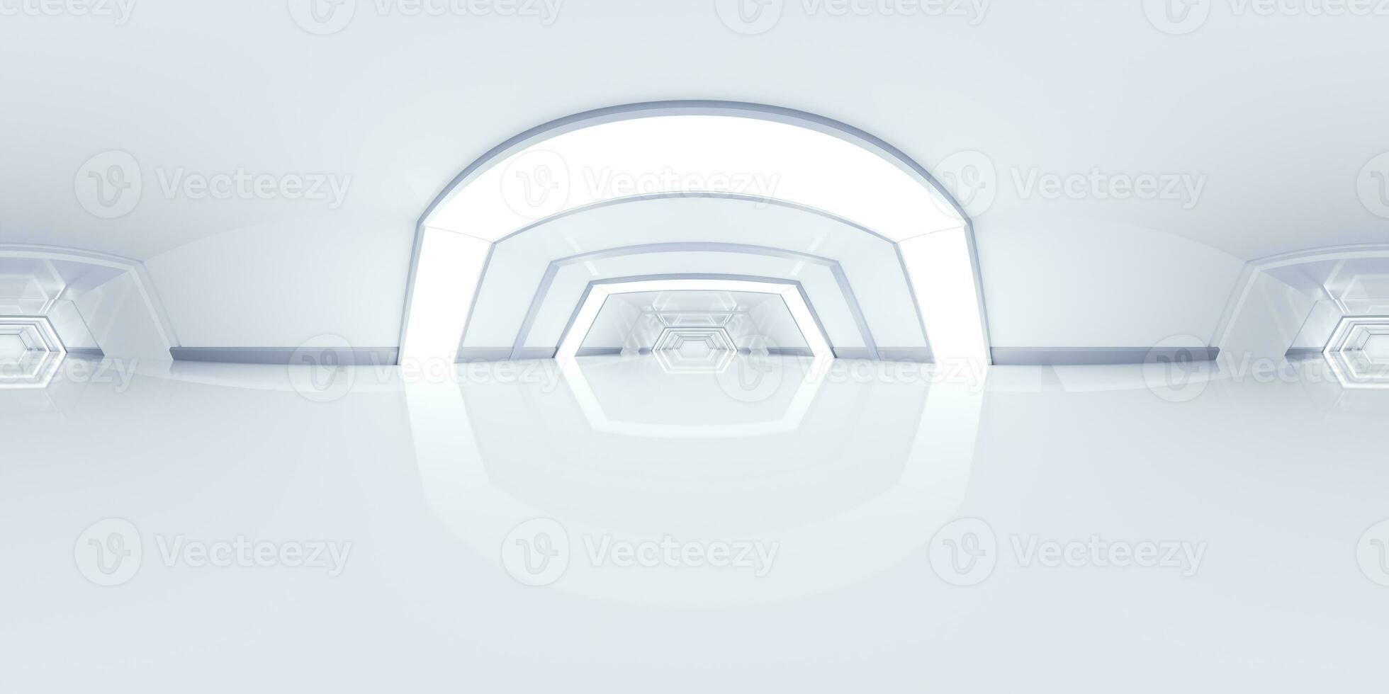 Empty white tunnel with 360-degree seamless panoramic view, 3d rendering. photo