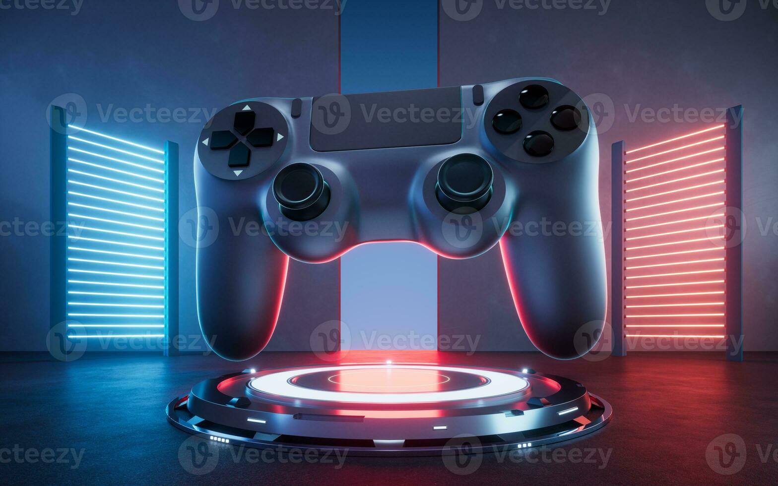 gamepad con brillante neón luces fondo, 3d representación. foto