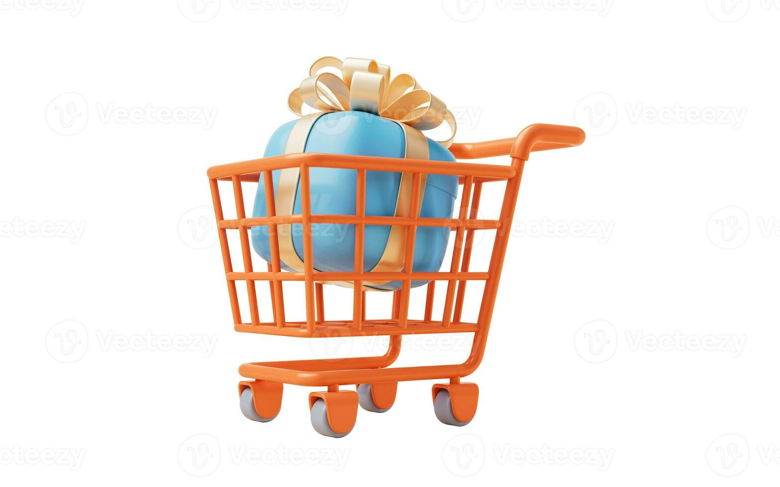 Cartoon shopping cart and gift box, 3d rendering. photo