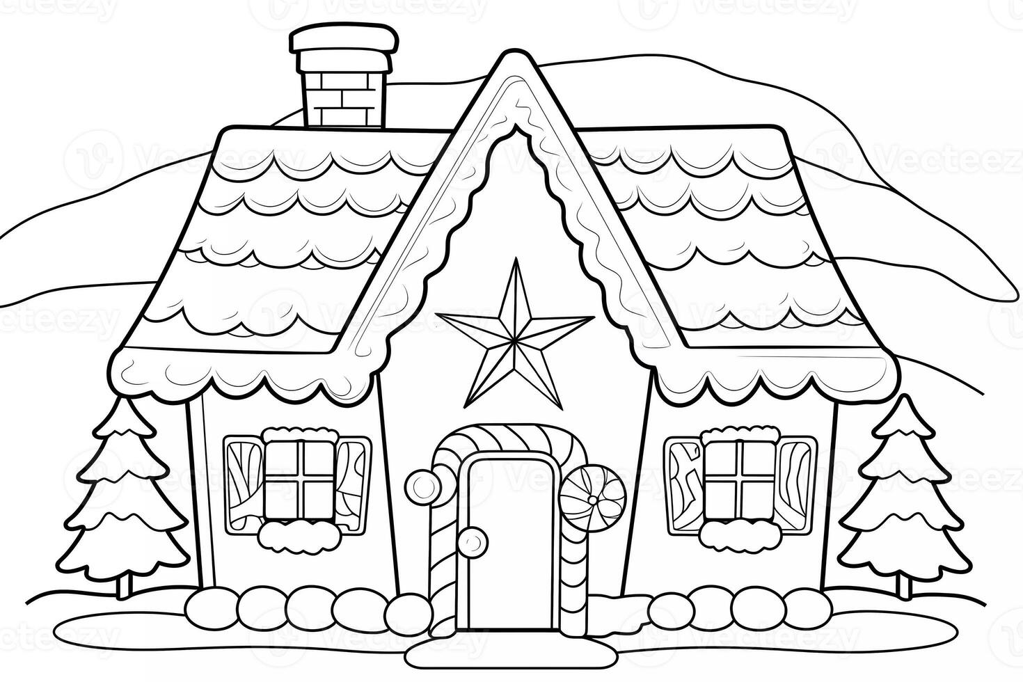 Educational printable coloring worksheet. Coloring gingerbread house shaped cookies with decorations. Winter Christmas theme coloring book page activity for kids and adults. photo