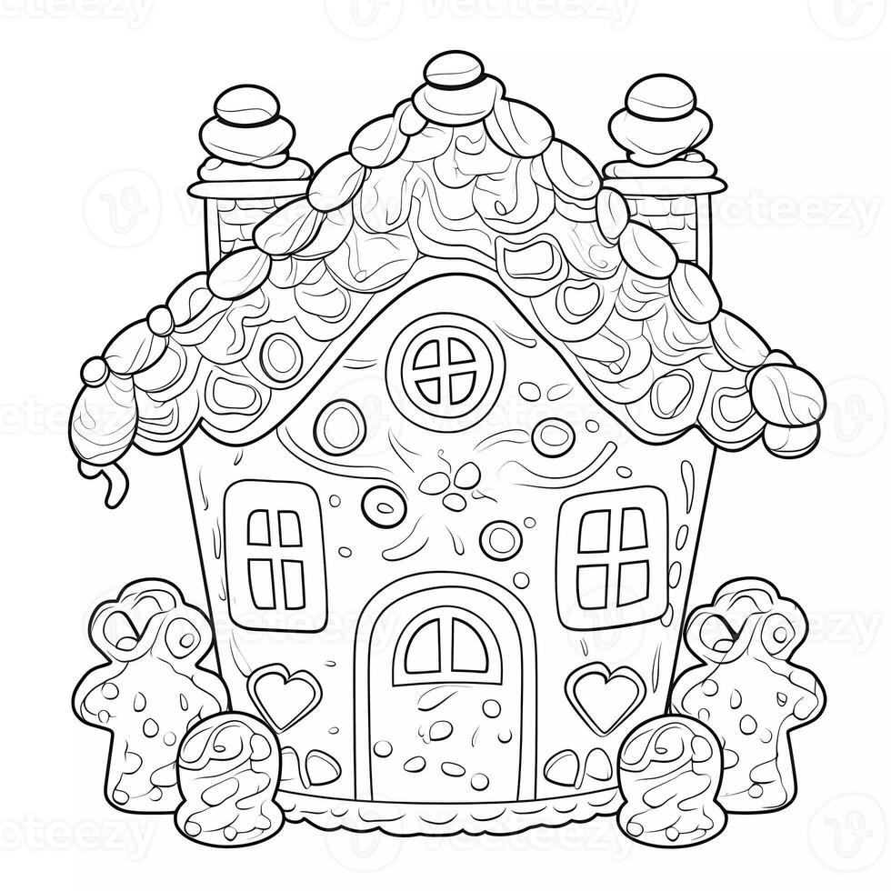 Educational printable coloring worksheet. Coloring gingerbread house shaped cookies with decorations. Winter Christmas theme coloring book page activity for kids and adults. photo