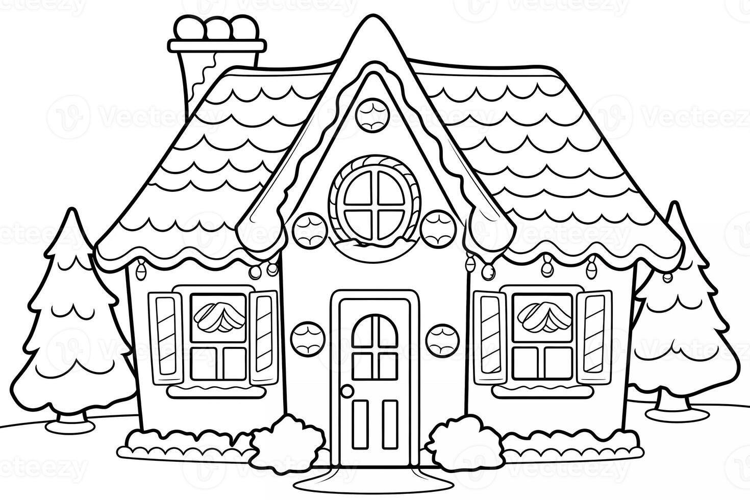 Educational printable coloring worksheet. Coloring gingerbread house shaped cookies with decorations. Winter Christmas theme coloring book page activity for kids and adults. photo