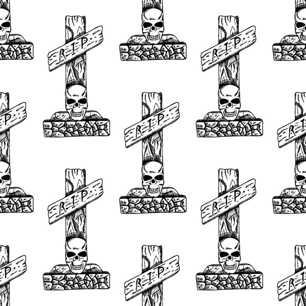 Seamless pattern of hand-drawn tombstone in the form of a cross with a skull at the base. Vector vintage illustration. Drawing with an ink pen. Vector illustration of Halloween.