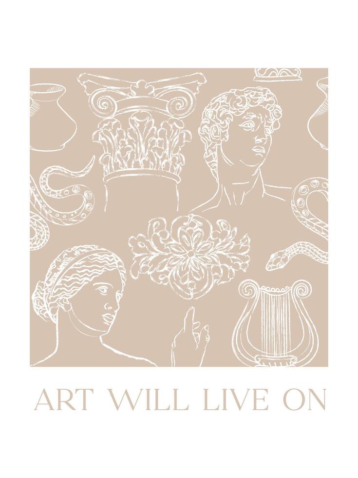 Monochrome art poster for the exhibition,  magazine or cover, vector template with sculpture art, Antique statue. Neo Greek or Roman style.  Nostalgia creative banner.