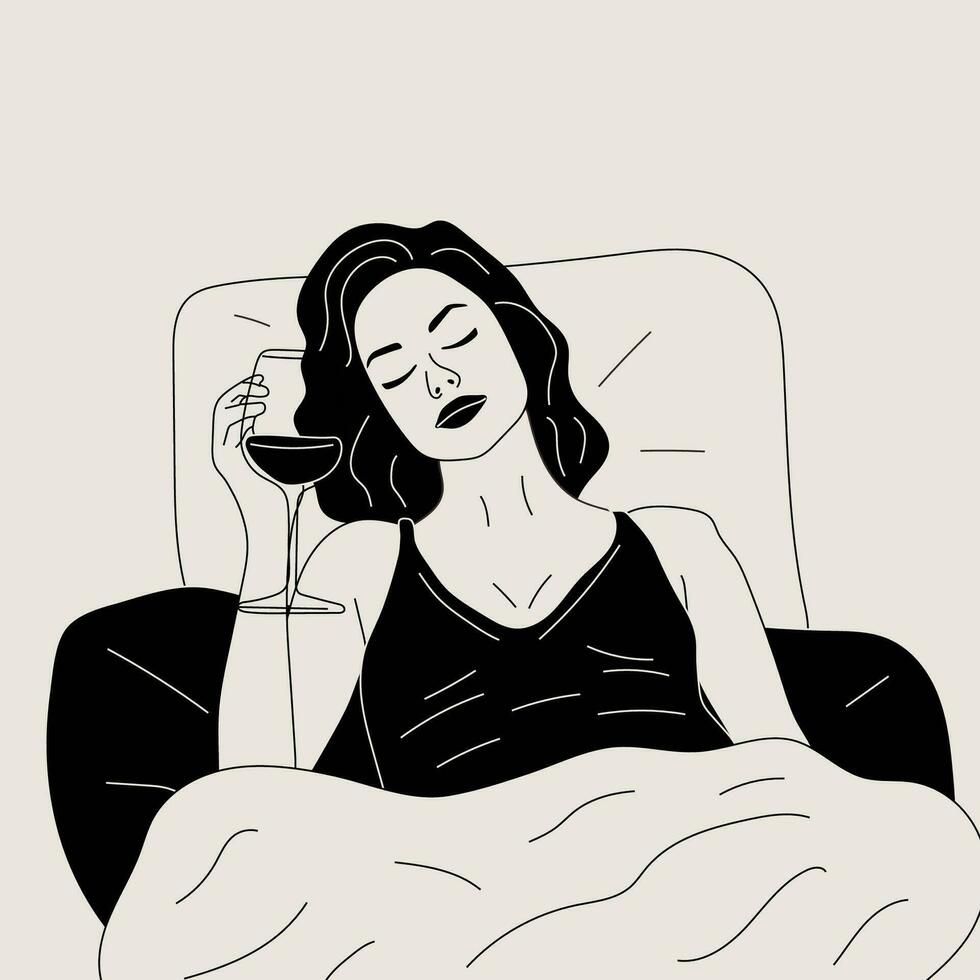 Black and white woman drinks a glass of wine in bed. Vector. Wine time vector