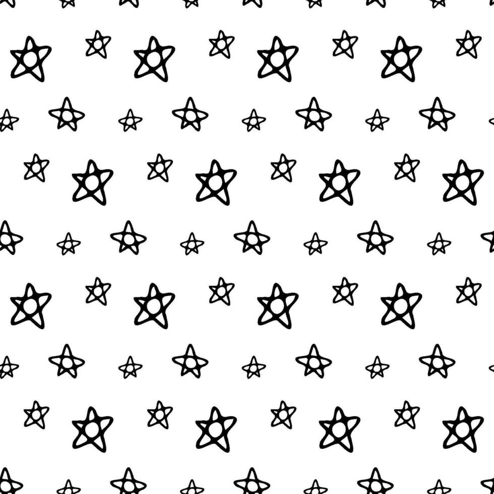 Seamless background with hand drawn stars on white. Festive wrap. Christmas or New Year pattern. vector