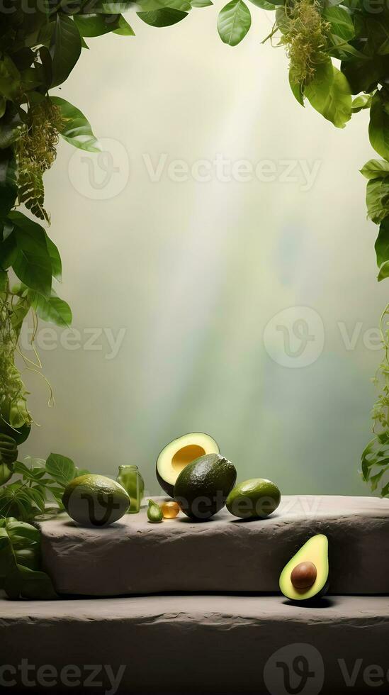 Empty podium on light architectural background surrounded by avocadoes. photo