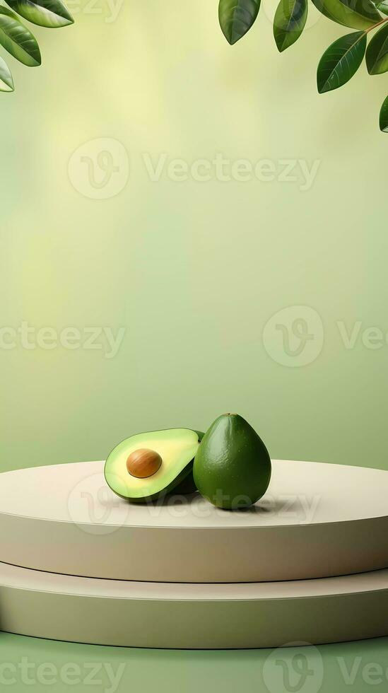 Empty podium on light architectural background surrounded by avocadoes. photo