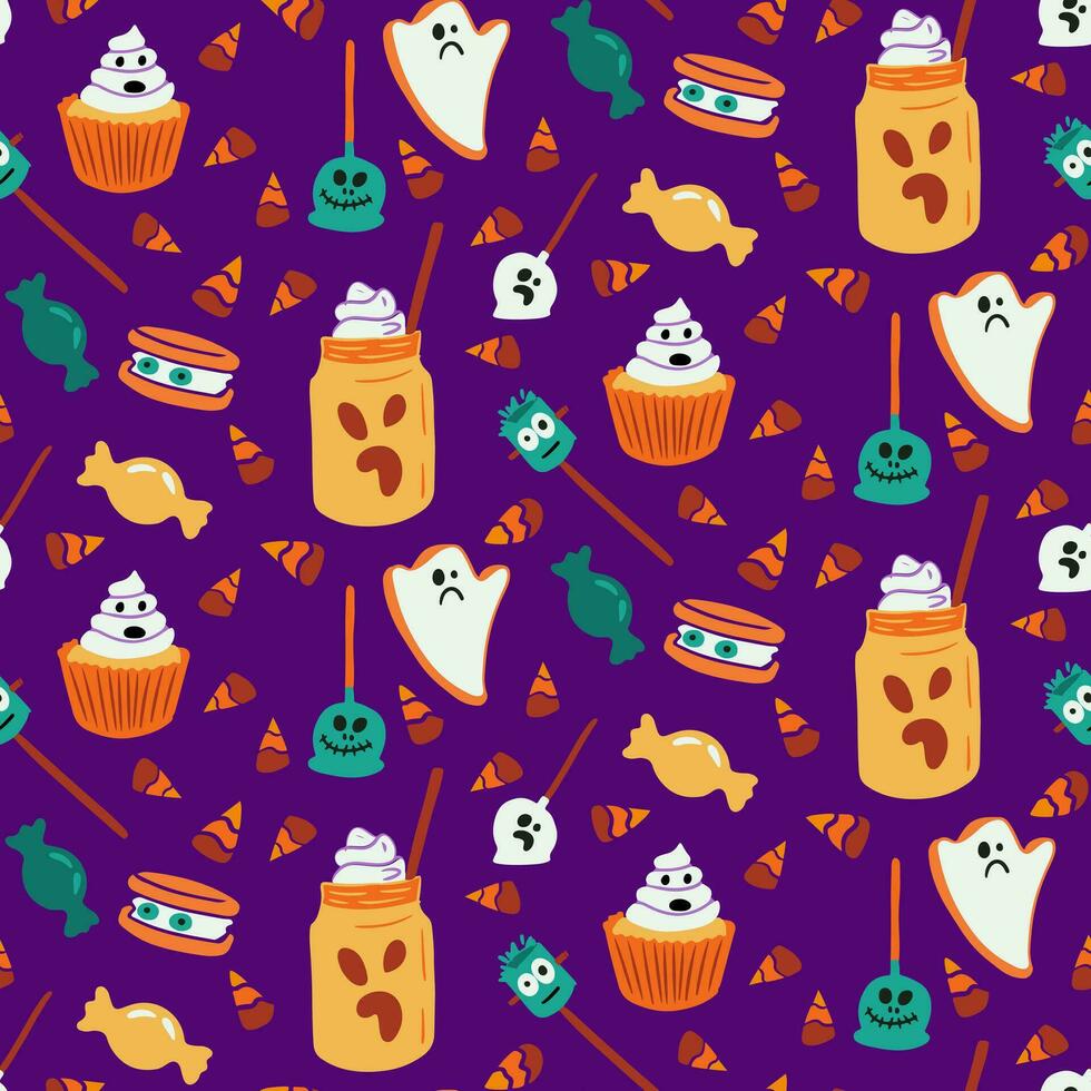 Scary candies Halloween seamless pattern for holiday decoration. Bold elements in flat minimalistic hand drawn style on purple background. Modern holiday design for Halloween decoration vector