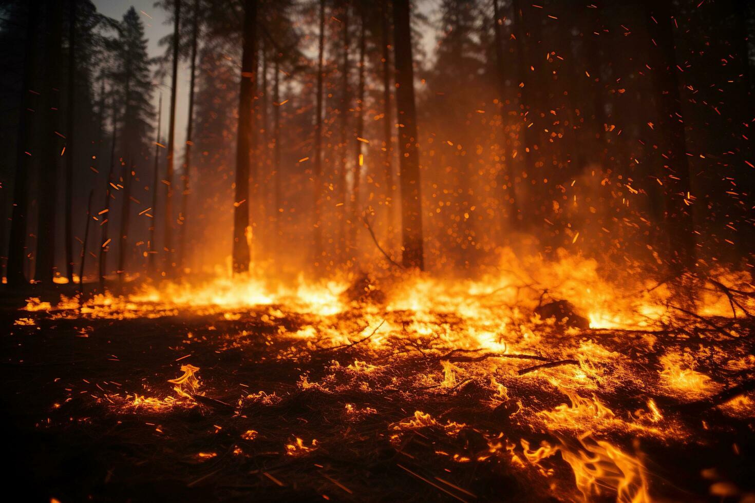 Fire in the wild, forest. Bright flame of fire. Destruction photo