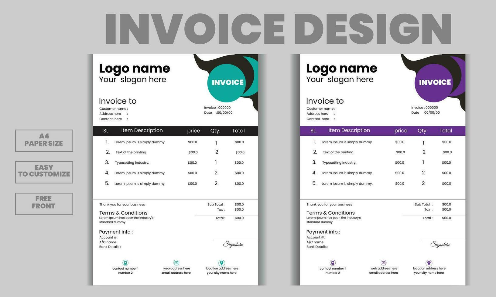 Free vector business invoice and bill paper design template. Company invoice, Order, payment ,document paper