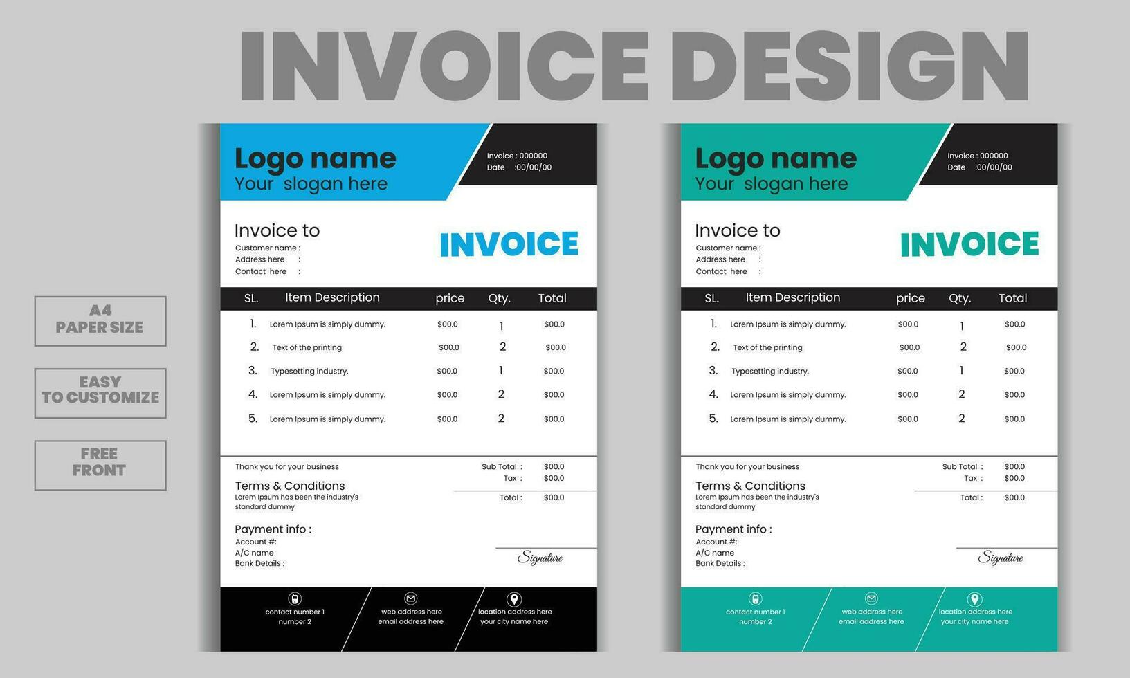 Free vector business invoice and bill paper design template. Company invoice, Order, payment ,document paper