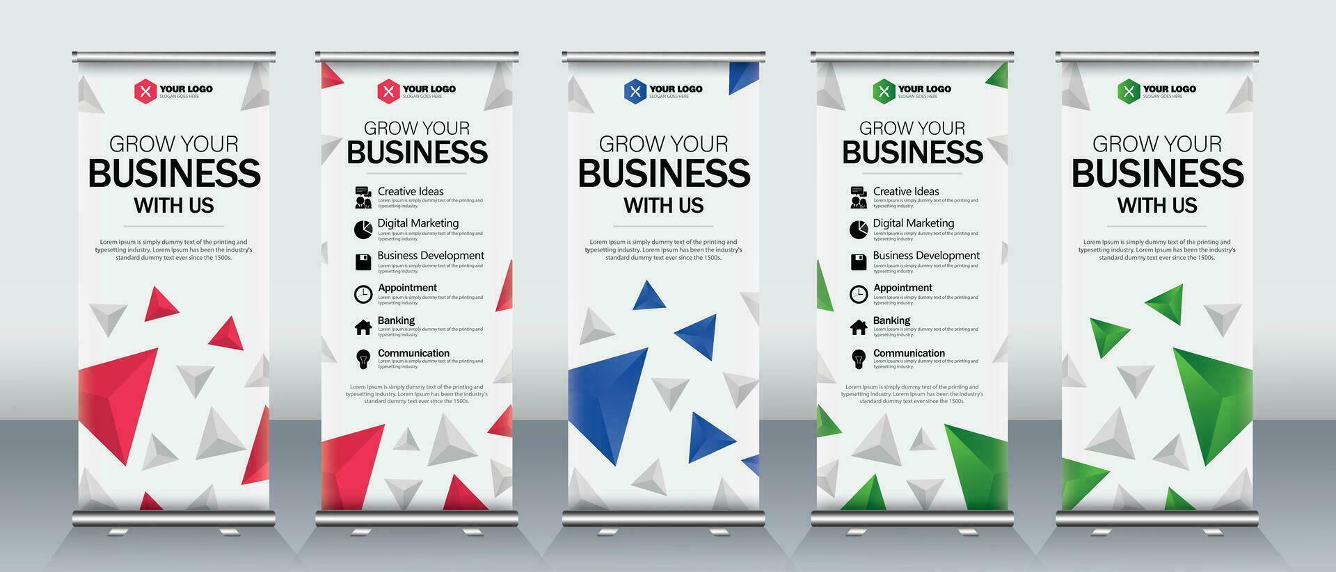 Modern business roll up banner design set in eye catchy and print ready green, red, orange, blue and yellow colors vector