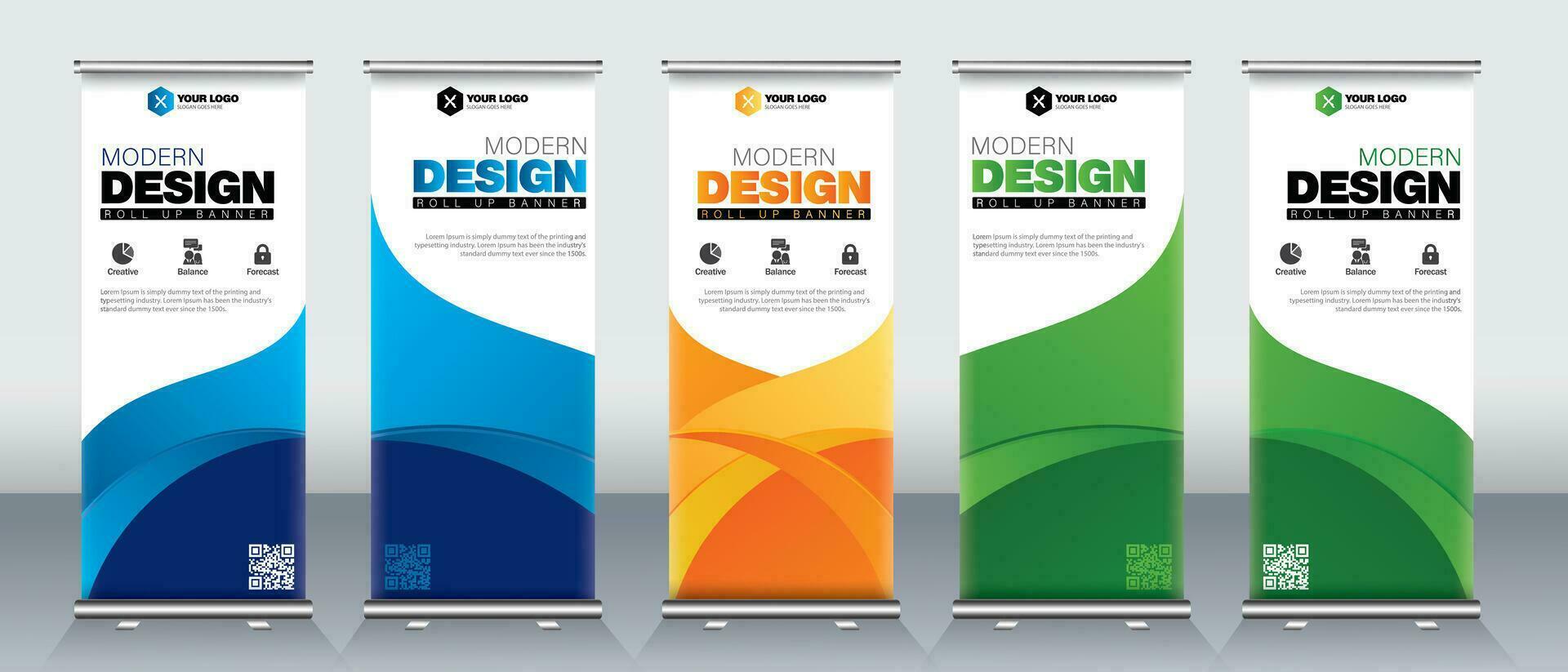 moderno negocio rodar arriba bandera diseño conjunto en ojo pegadizo y impresión Listo verde, rojo, naranja, azul y amarillo colores vector