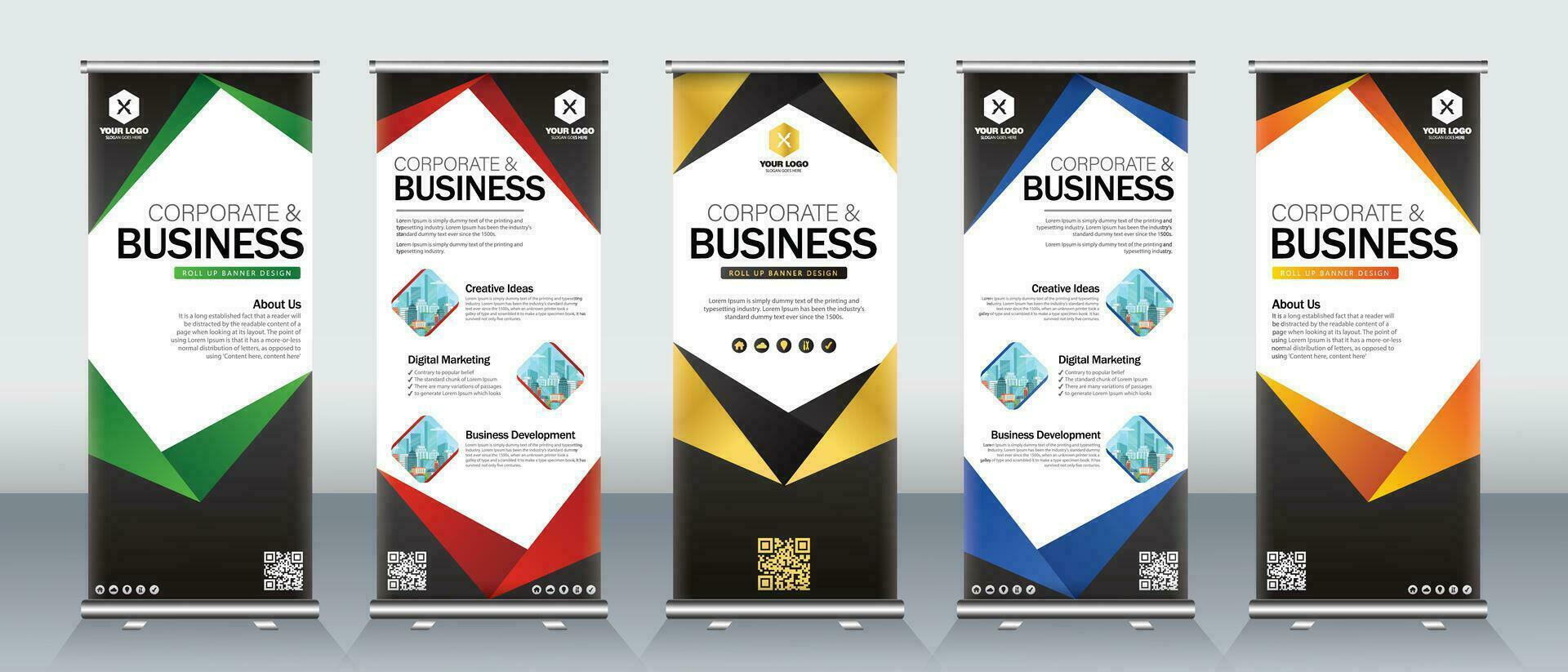 Modern business roll up banner design set in eye catchy and print ready green, red, orange, blue and yellow colors vector