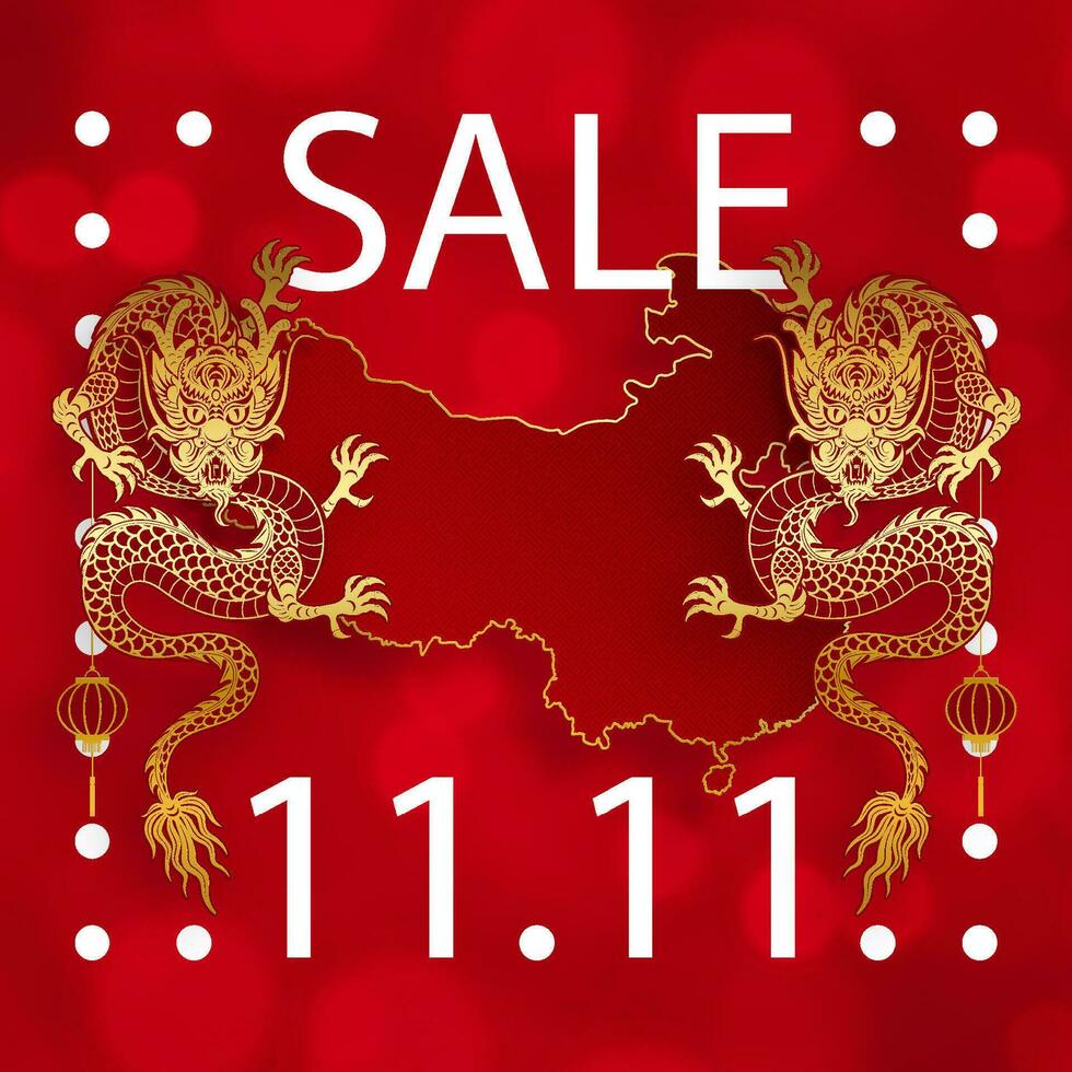 11.11 Chinese shopping day sale poster with gold paper cut art and craft style on color background vector