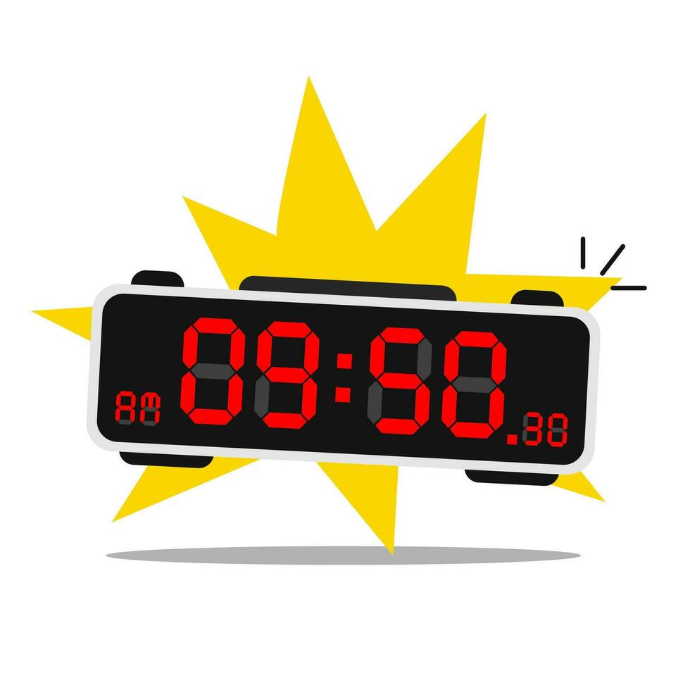 Digital alarm clock. Led digital alarm clock, electronic red and black device timer, reminder symbol icon with black screen and Red numbers. Vector Illustration.