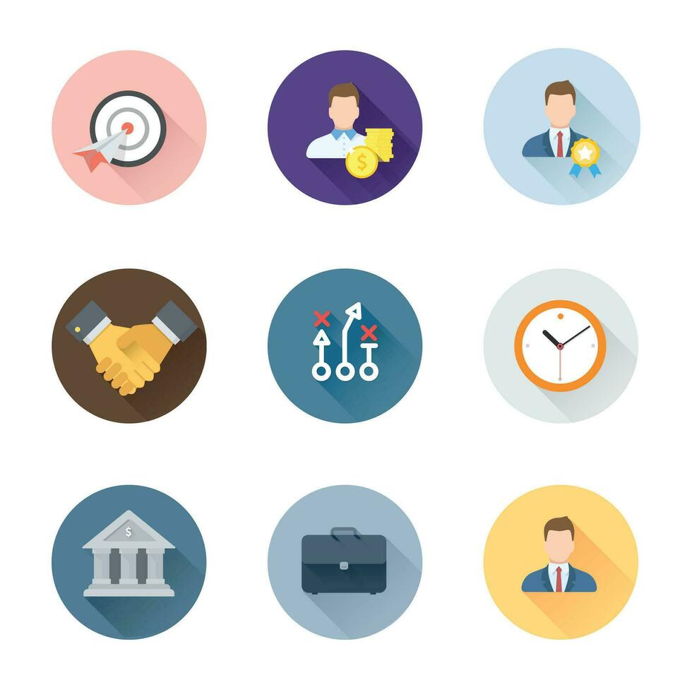 Set of flat colored business icons of management, handshake, goal and banking vector